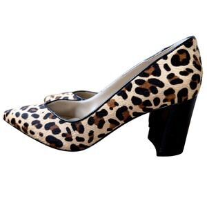 Marc Fisher Mana Leopard Cow Fur Leather Heels Pumps Pointy Toe SZ 7.5